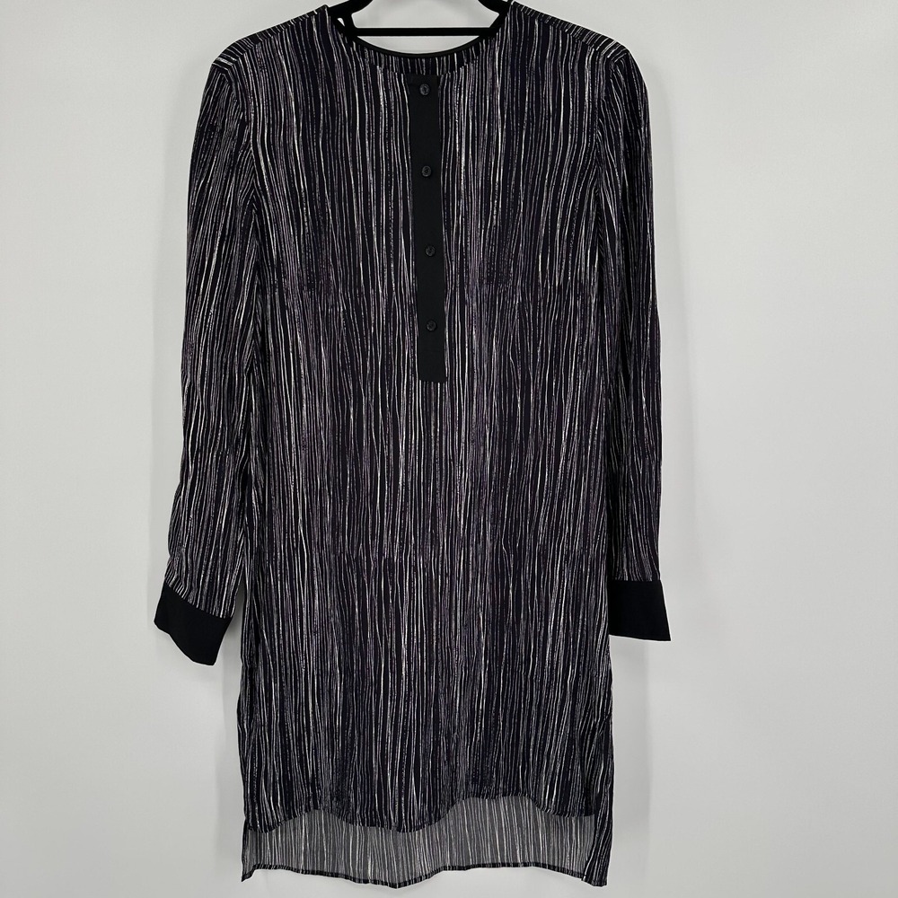 Vince Tunic Dress Womens XS Black‎ White Silk Wavy Stripe Long Sleeve 1/4 Button